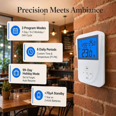 Temperature measurement accuracy ±1°C at 20°C Underfloor Heating Room Programmable Thermostat with Display Temperature Range 0°C 40°C in 0.1°C Increments and Standby Current Lighting Current ≤ 7mA
