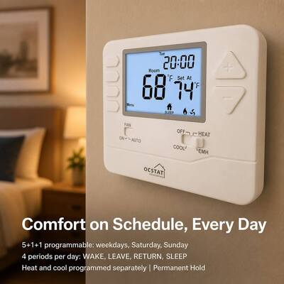 Riseem Weekly Programmable 0.5°C Accuracy HVAC System Heat Pump Thermostat 24V