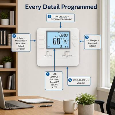 Blue Backlight Color Wired programmable thermostat including AUTO Fan Operation Mode optimized for heating and cooling system management