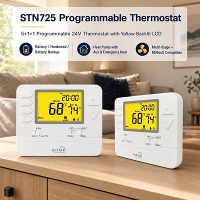 24V 7 Day Programmable Heat Pump Thermostat With Digital Display And Seven Day Scheduling To Support HVAC System Management