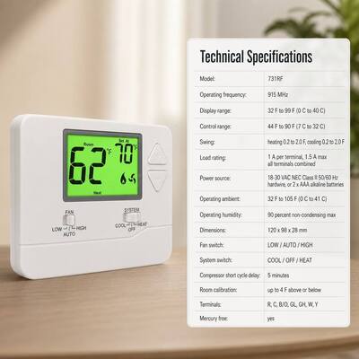 LCD Display Wireless Room PTAC Air Conditioning RF Thermostat 24V Battery Operated Non-programmable