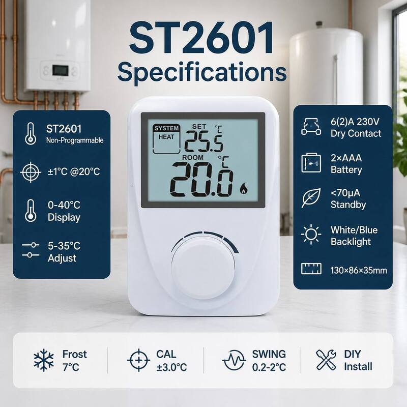 Display Temperature Range 3°C to 37°C Digital Room Boiler Thermostats White Color Compact Size Temperature Management Solutions