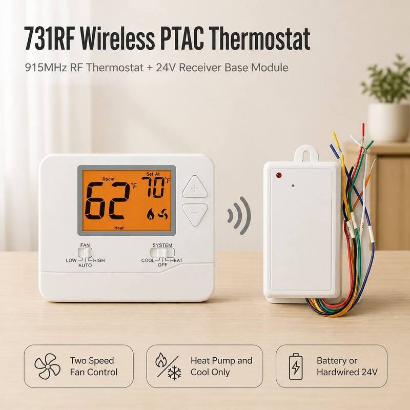 2H1C Heat Pump Wireless Room Electronic Air Conditioning Battery-operated RF Thermostat Non-programmable for PTAC Unit