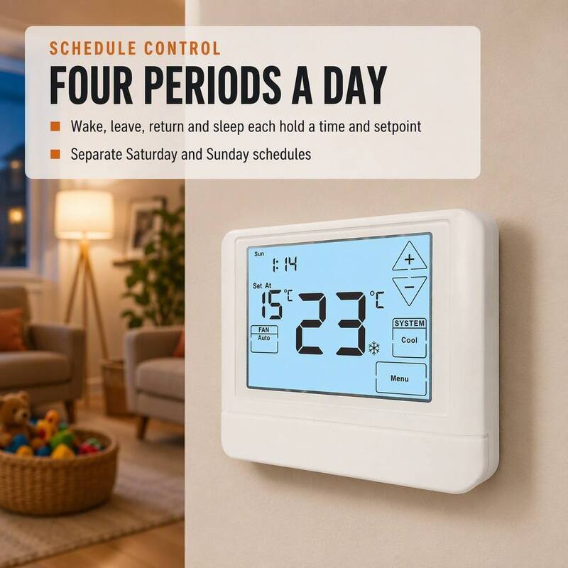 Touch LCD Display Wired Room Temperature Heating 7 Day Programmable Thermostat Battery Or 24V Power Supply For Precise And Heating Regulation