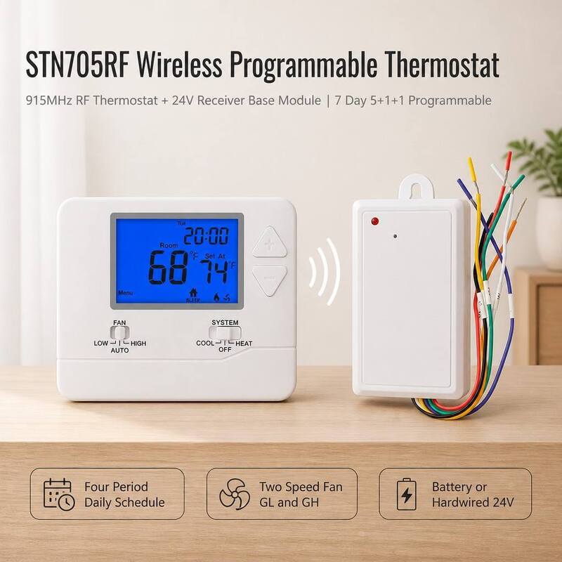 24V Wireless programmable PTAC RF 1 H 1 C RF Hotel Thermostat 915MHZ for Temperature Control