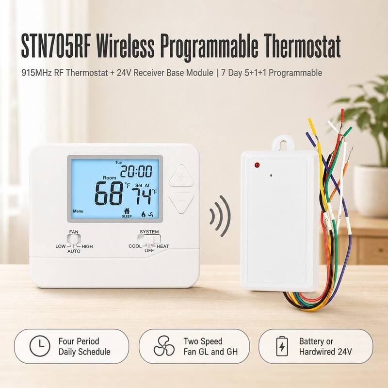 24V Conventional Or Heat Pump Wireless Room 7 Day PTAC RF Programmable Thermostat 915MHZ Frequency