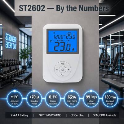 Temperature measurement accuracy ±1°C at 20°C Underfloor Heating Room Programmable Thermostat with Display Temperature Range 0°C 40°C in 0.1°C Increments and Standby Current Lighting Current ≤ 7mA