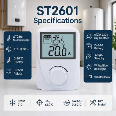 Display Temperature Range 3°C to 37°C Digital Room Boiler Thermostats White Color Compact Size Temperature Management Solutions