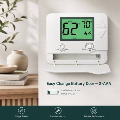 24V Heating and Cooling 1 Heat 1 Cool Non Programmable PTAC Thermostat Power Supply 2 AAA Alkaline Batteries or 18 30 VAC